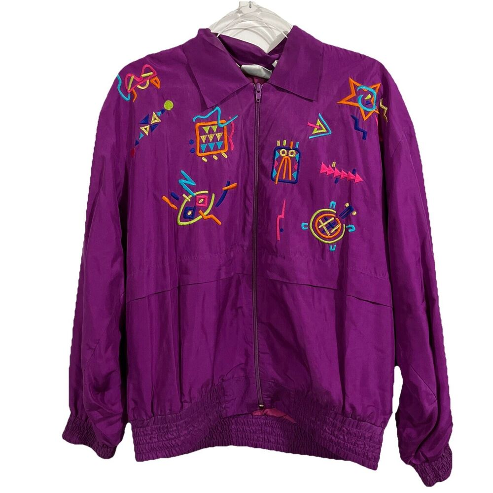 Strictly Silk St. Germain Vintage Party Bomber Jacket Medium Purple Embroidered